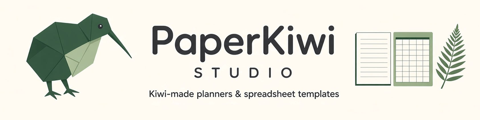 PaperKiwiStudio origami kiwi logo with planner and spreadsheet icons